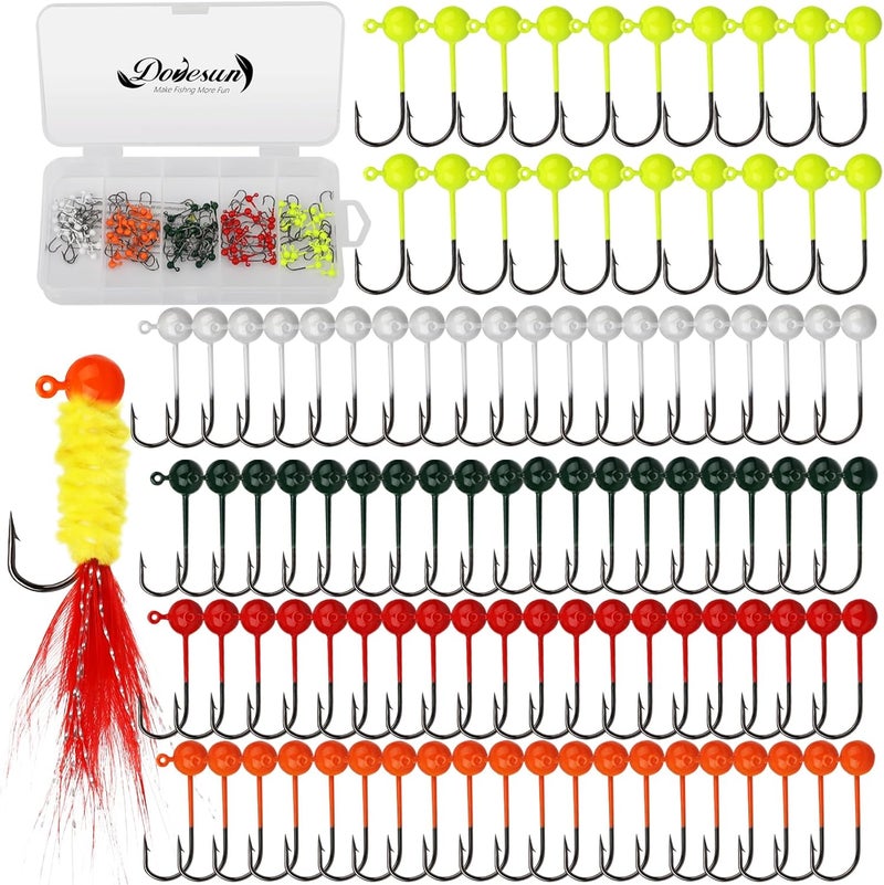 Dovesun 100pcs Fly Tying Jigs Kit, Jig Heads for Fly Fishing 1/124oz 1/80oz 1/64oz 1/32oz 1/16oz Jig Head Small Fly Fishing Hooks DIY Lure Making Kit Suit for Tying Flies | Crappie Lures - Image 1